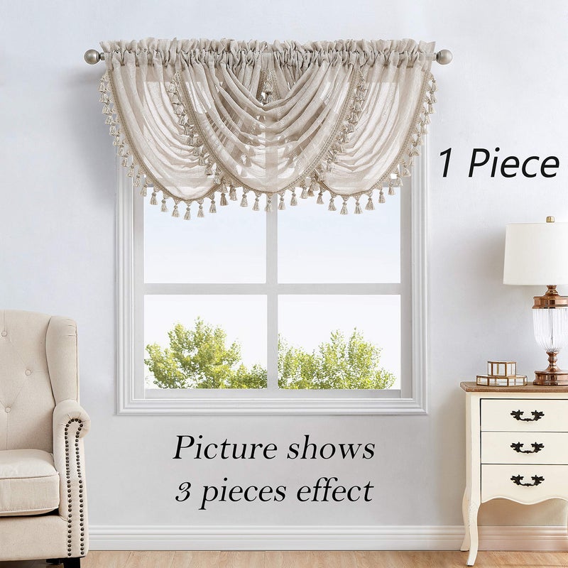 Central Park Linen Waterfall Valance Window Curtain Linen Texture White GEO Embroidery Rod Pocket for Living and Bedroom Semi Sheer Kitchen Curtain, 56"x38", 1 Piece - Image 2
